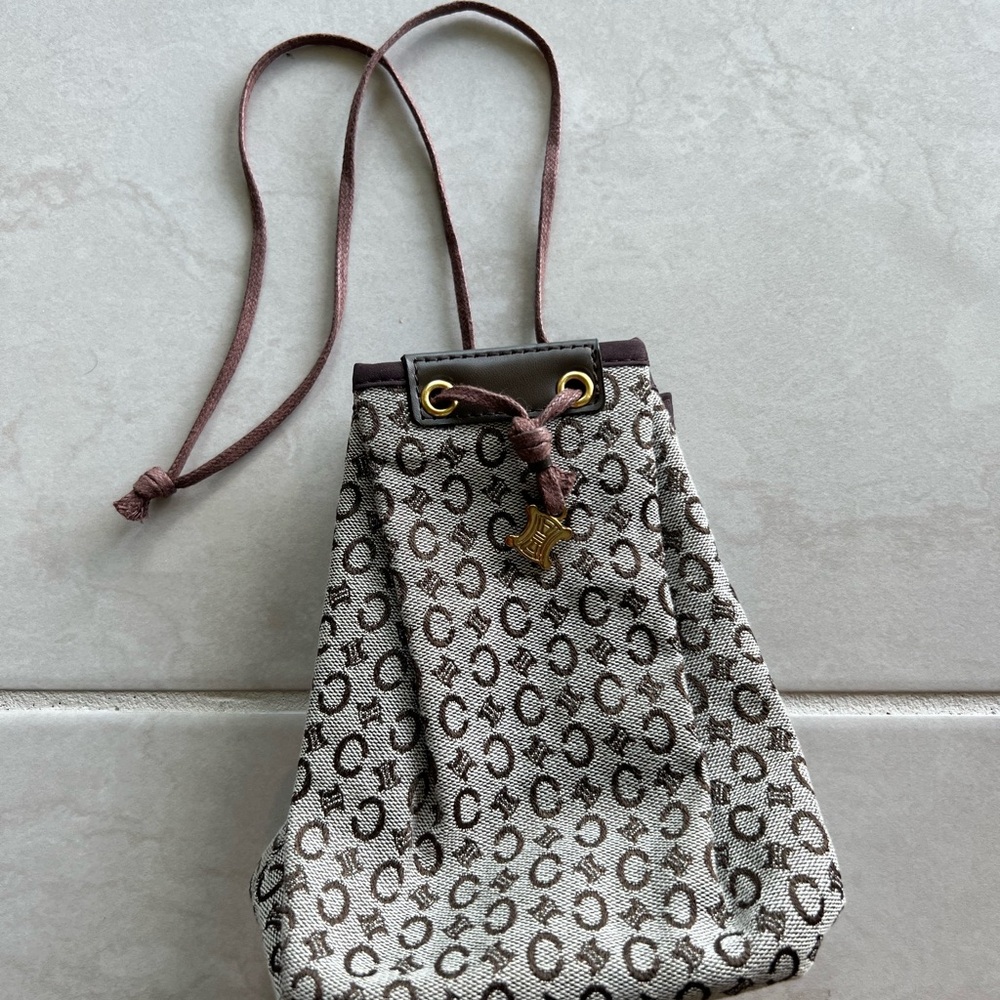 Celine Beige Brown Monogram Mini Drawstring Bag
